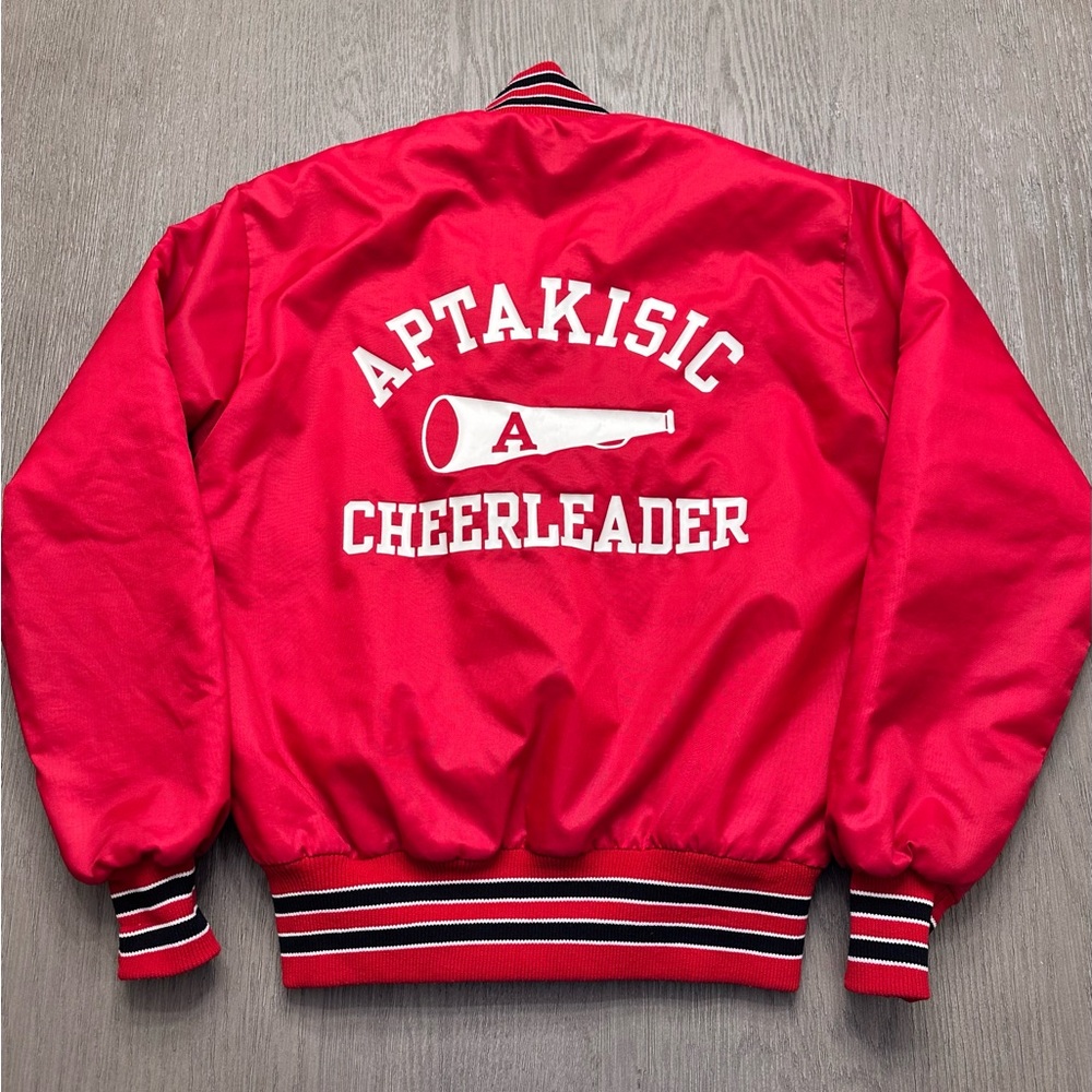 Vintage DeLONG Satin Varsity Jacket | Aptakisis Cheerleader | Red Bomber | S